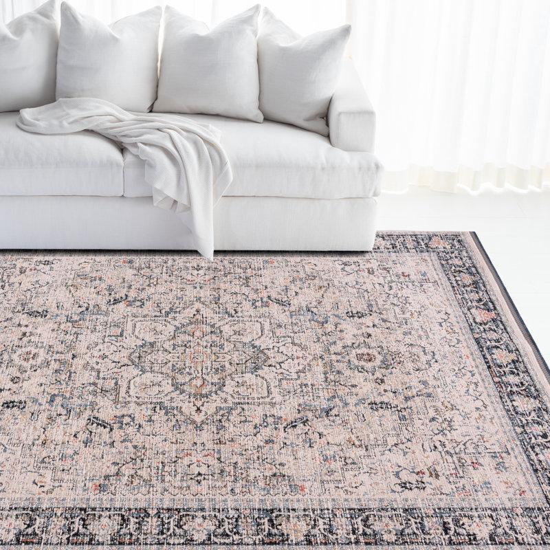 Ivory and Navy Hand-Knotted Wool Area Rug 4' x 6'