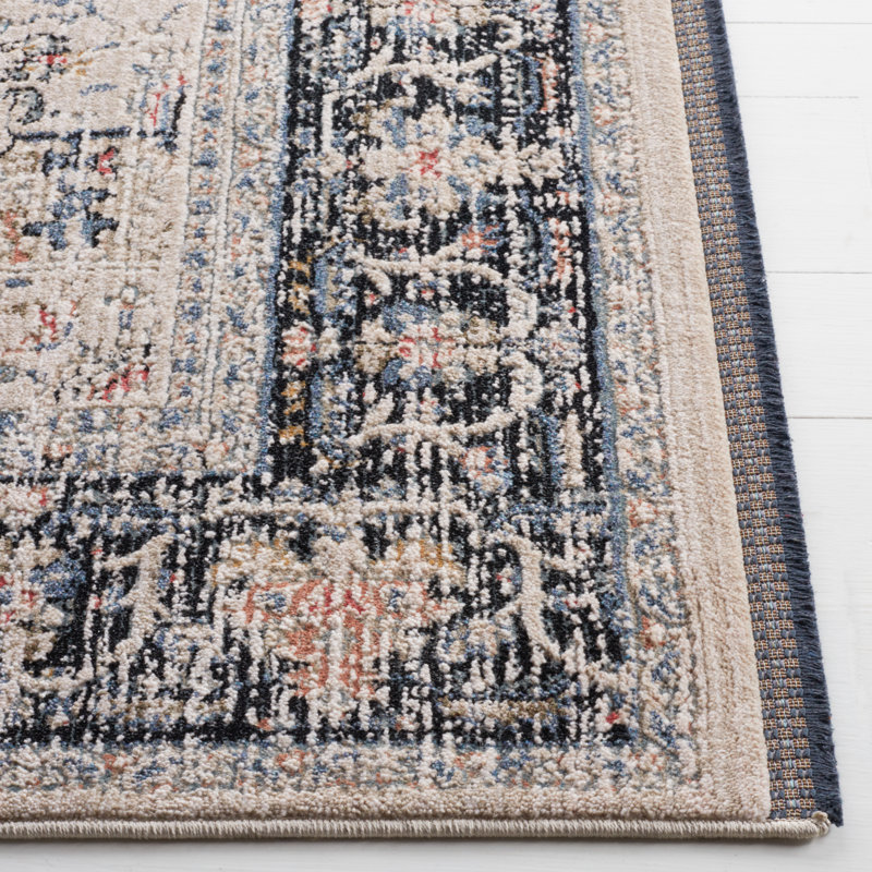 Ivory and Navy Hand-Knotted Wool Area Rug 4' x 6'