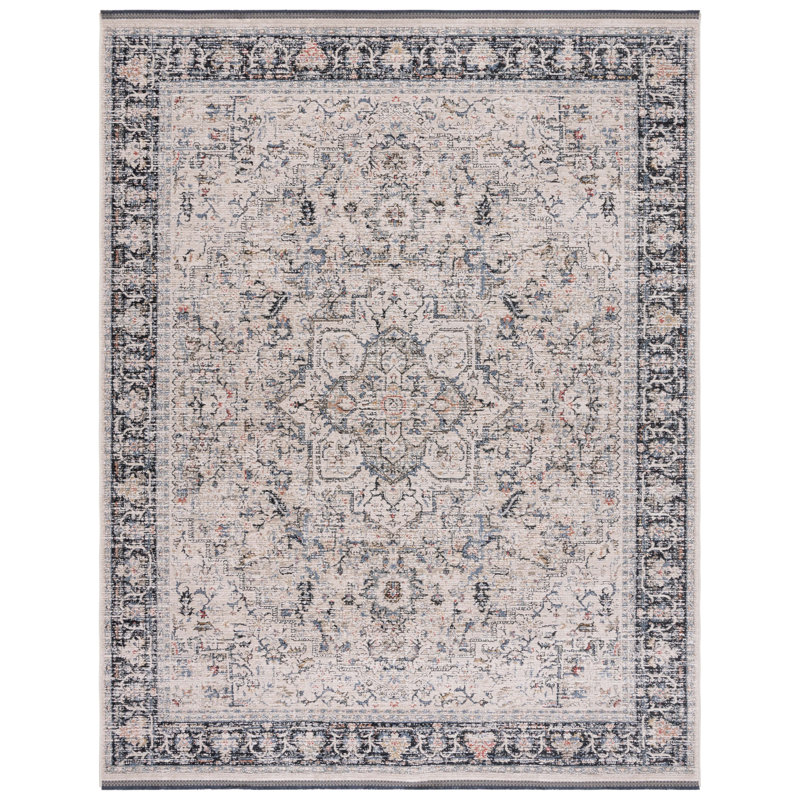 Ivory and Navy Hand-Knotted Wool Area Rug 4' x 6'
