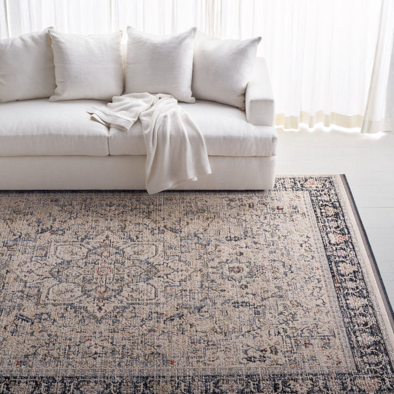 Ivory and Navy Hand-Knotted Wool Area Rug 4' x 6'