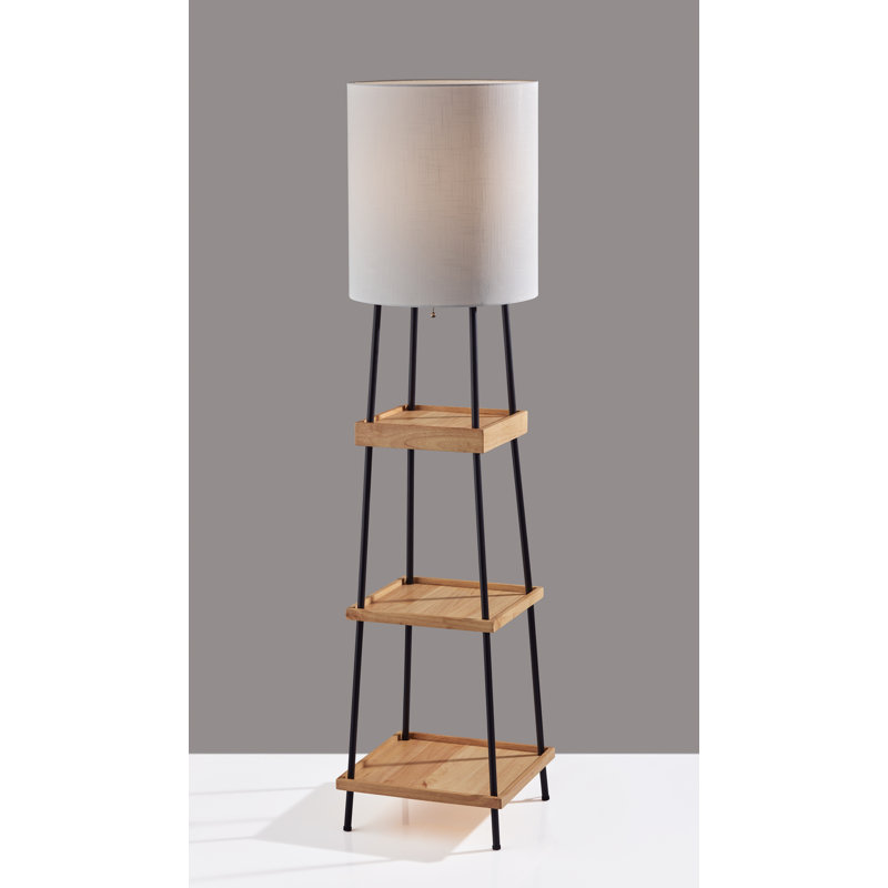 Adesso 63'' Black and Natural Wood Shelf Floor Lamp with USB