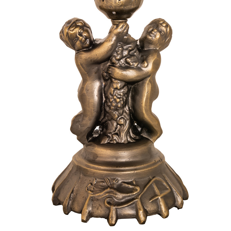 Antique Copper Twin Cherub White Stained Glass Mini Lamp