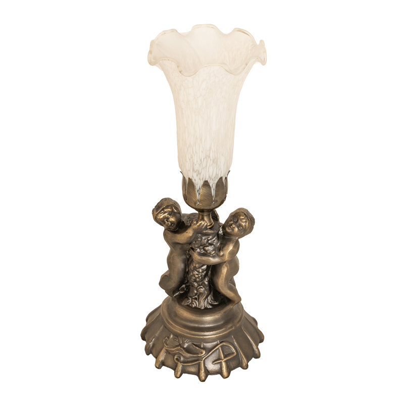 Antique Copper Twin Cherub White Stained Glass Mini Lamp