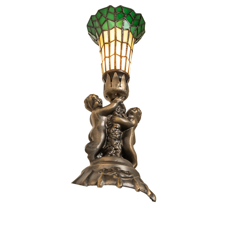 Elegant Twin Cherub 13" Stained Glass Mini Lamp in Antique Brass