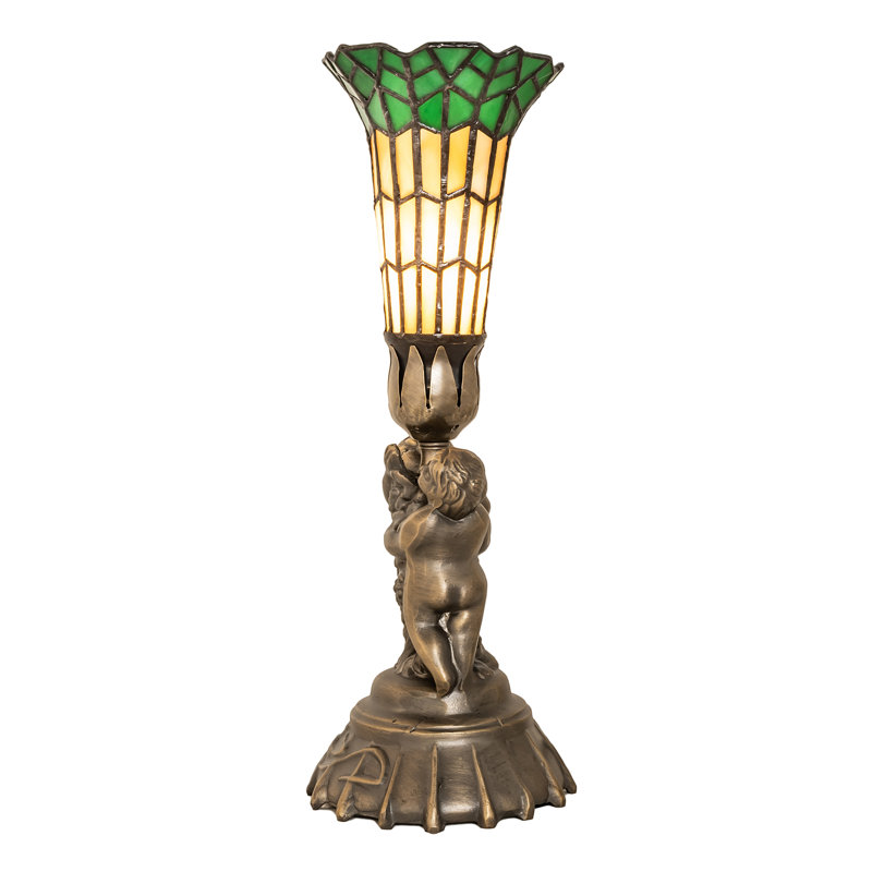 Elegant Twin Cherub 13" Stained Glass Mini Lamp in Antique Brass