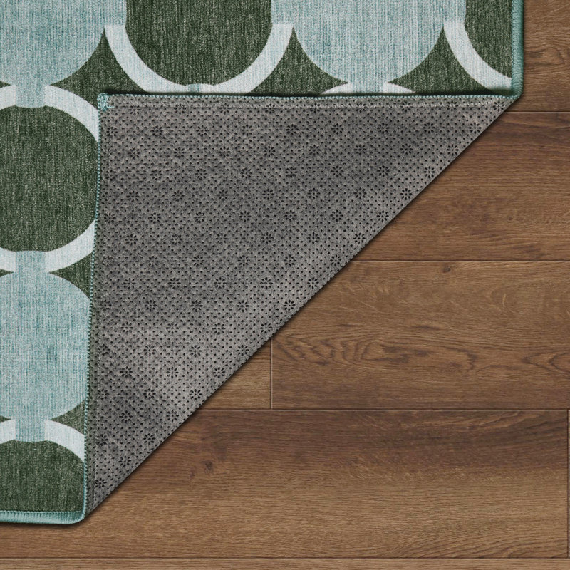 Dark Sage Green Geometric Washable Runner Rug