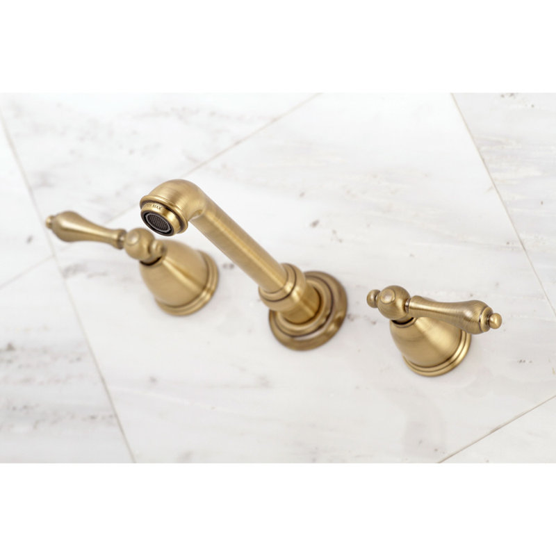 English Country 8" Antique Brass Wall Mount Bathroom Faucet