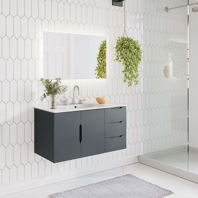 Sleek Gray and White 36" Wall-Mount Modern Bathroom Vanity