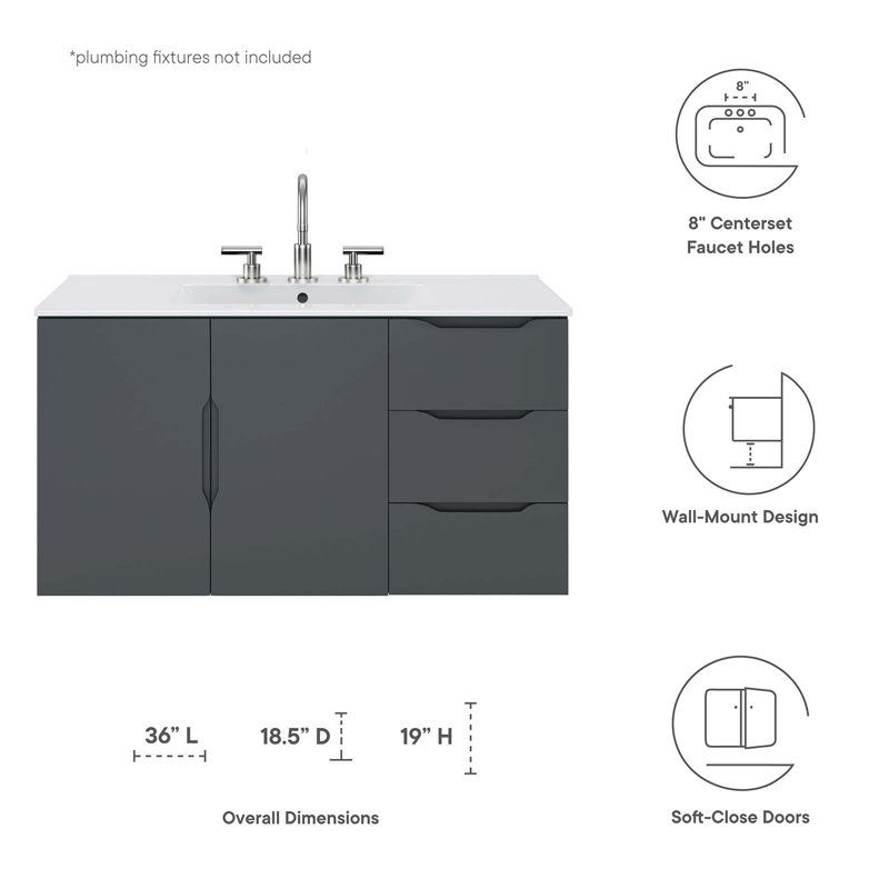 Sleek Gray and White 36" Wall-Mount Modern Bathroom Vanity