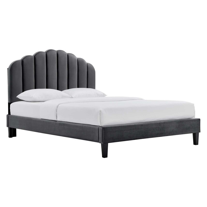 Elegant Light Gray Velvet Full Platform Bed with Channel Tufting