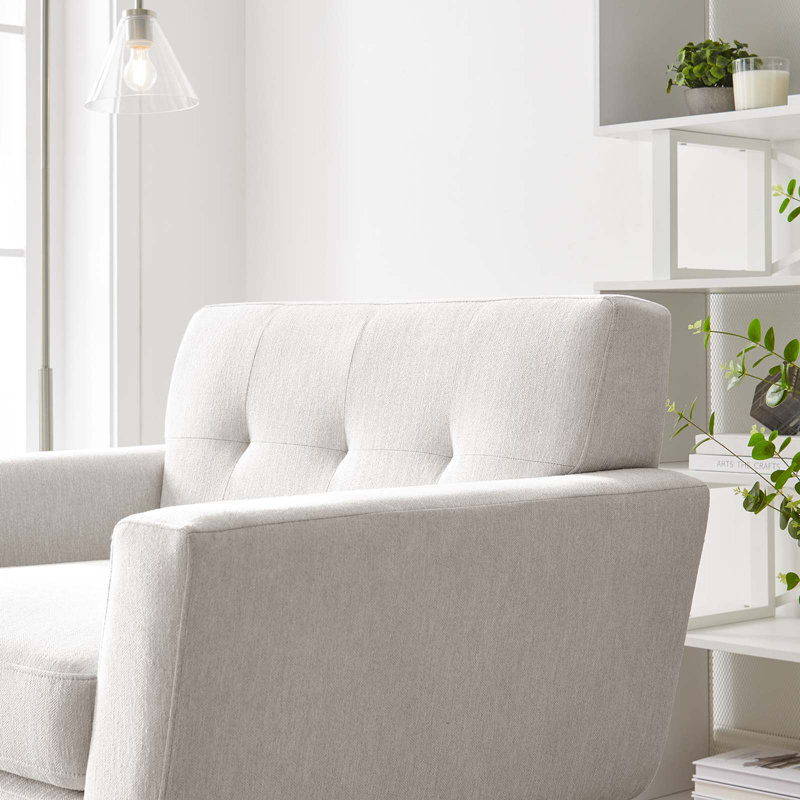 Ivory Faux Leather Mid-Century Modern Armchair with Tufted Buttons