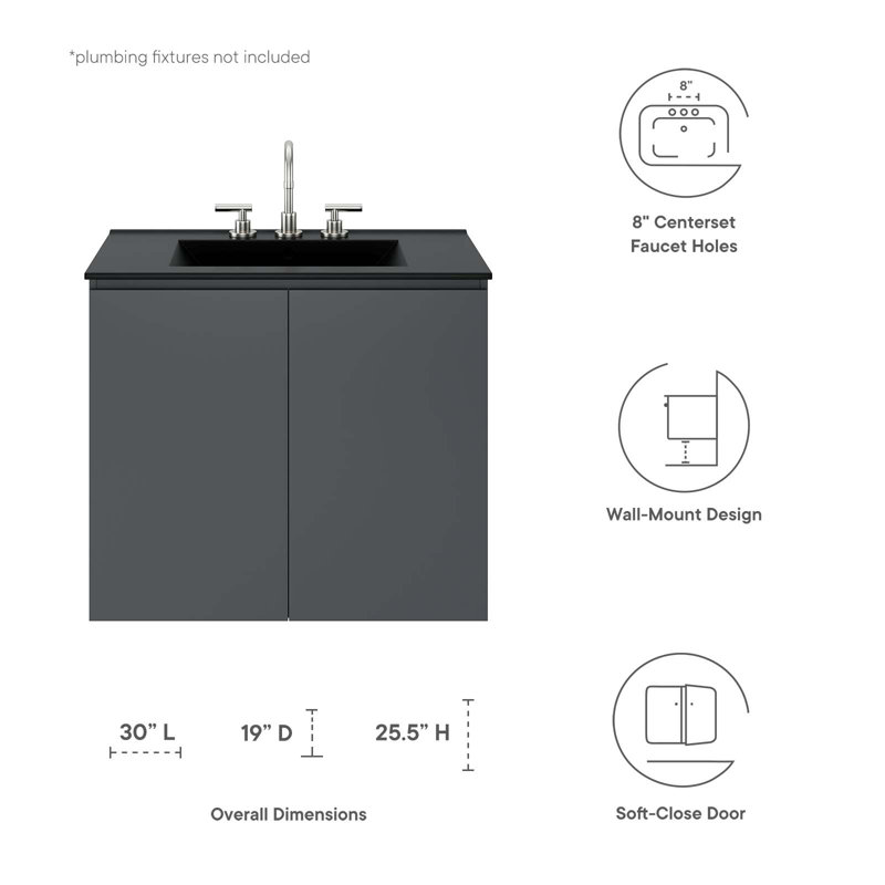 Bryn 30" Gray and Black Wall-Mount Bathroom Vanity