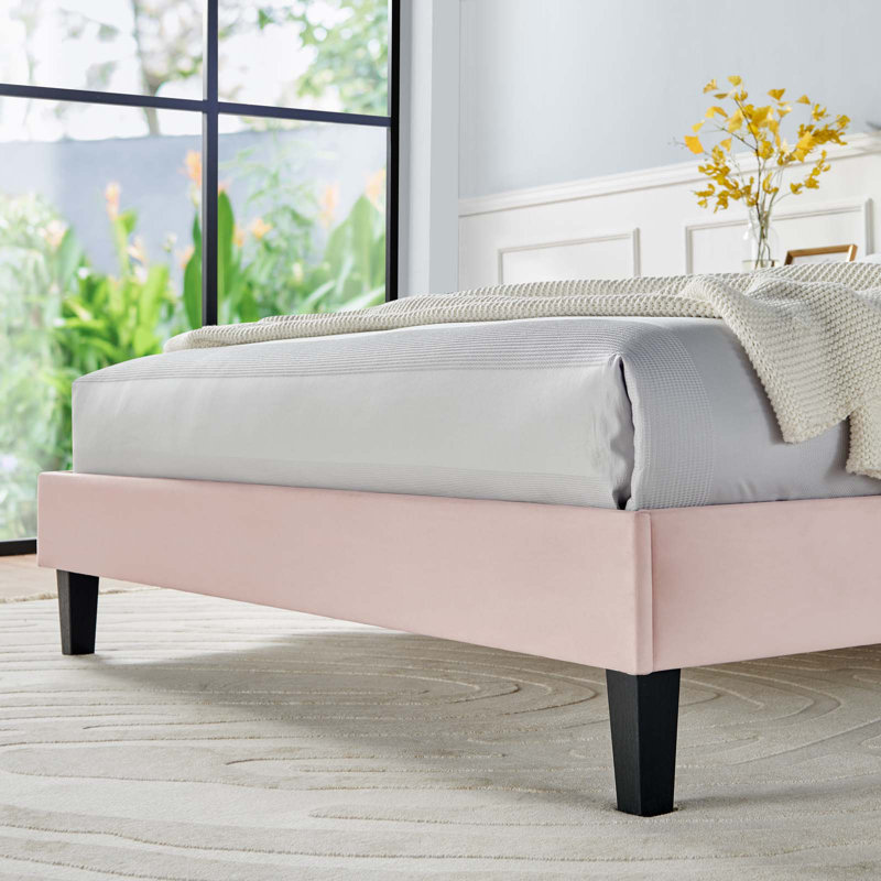 Pink Velvet Queen Platform Bed with Tufted Headboard
