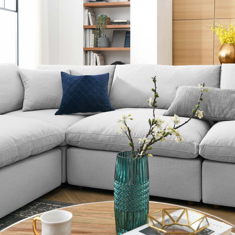 Luxurious Light Gray Linen & Wood 8-Piece Sectional Sofa with Down Fill Cushions