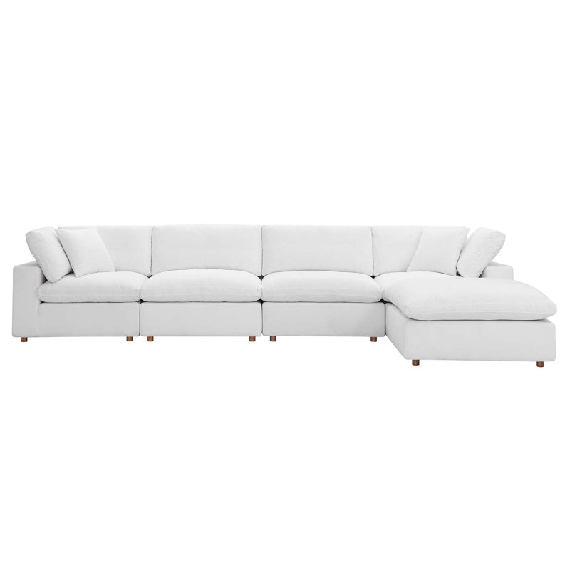 Pure White Linen Five Piece Sectional Sofa with Ottoman