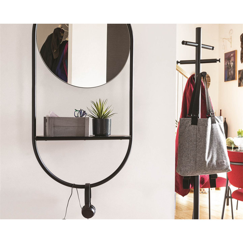 Modern Round Wall-Mounted Mirror with Metal Frame and Storage Shelves