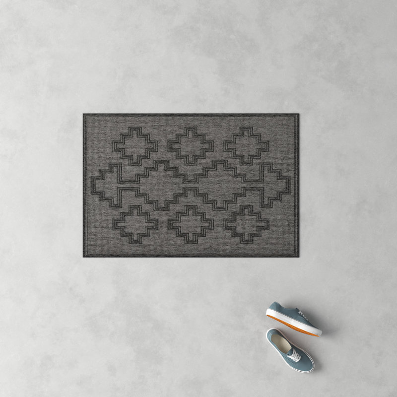 Ava Rectangular Black and Gray Synthetic Indoor/Outdoor Rug