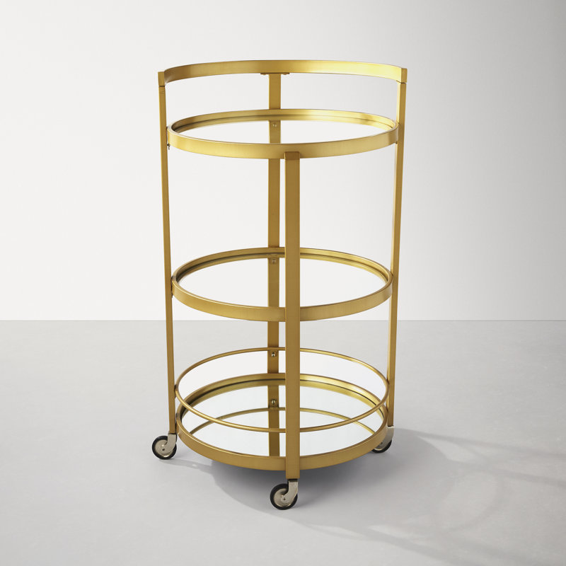 Hause 21" Round Brass and Glass Bar Cart with Storage