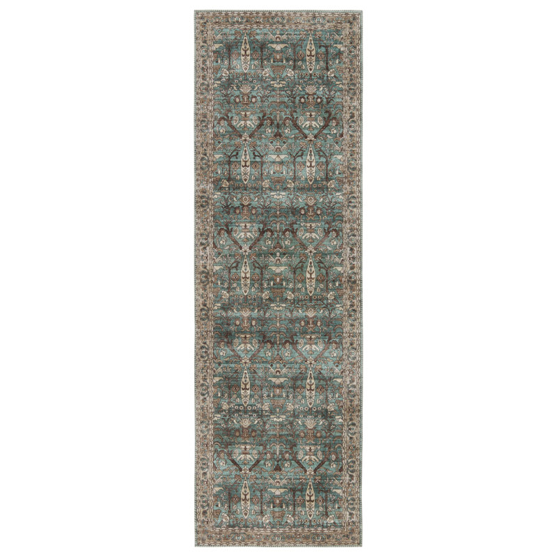 Ivory and Green Trellis Polyester Runner Rug