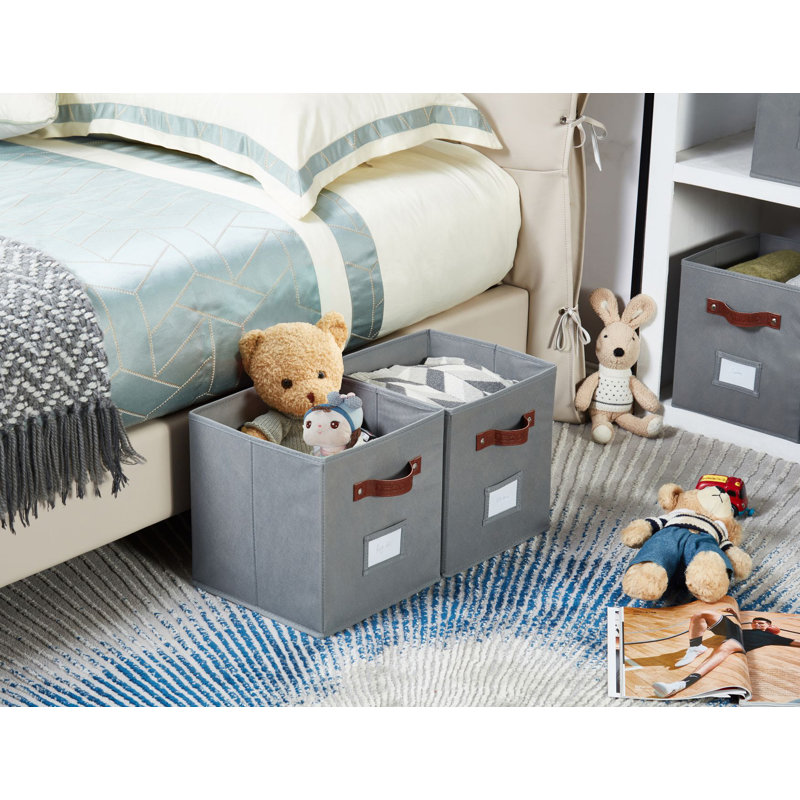 Gray Fabric Storage Bins with Handles and Labels, Set of 6