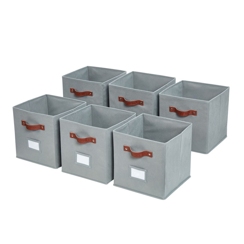 Gray Fabric Storage Bins with Handles and Labels, Set of 6