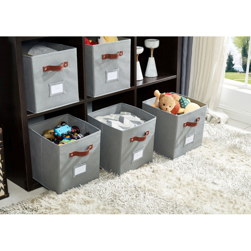 Gray Fabric Storage Bins with Handles and Labels, Set of 6