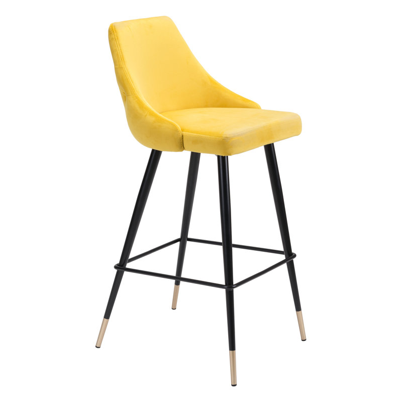Yellow Velvet and Metal Counter Stool with Tapered Back