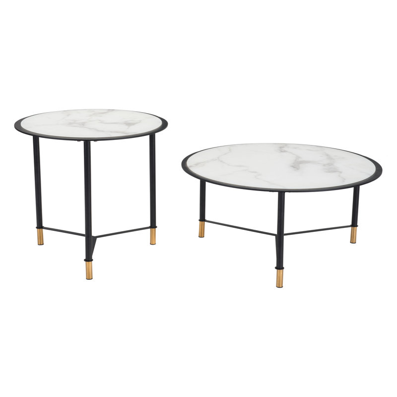Mod Davis 31.5" Round Coffee Tables in Black & White with Marble Print