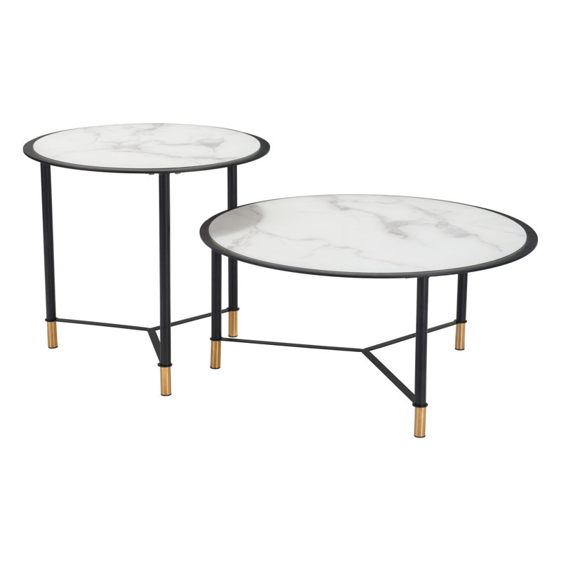 Mod Davis 31.5" Round Coffee Tables in Black & White with Marble Print