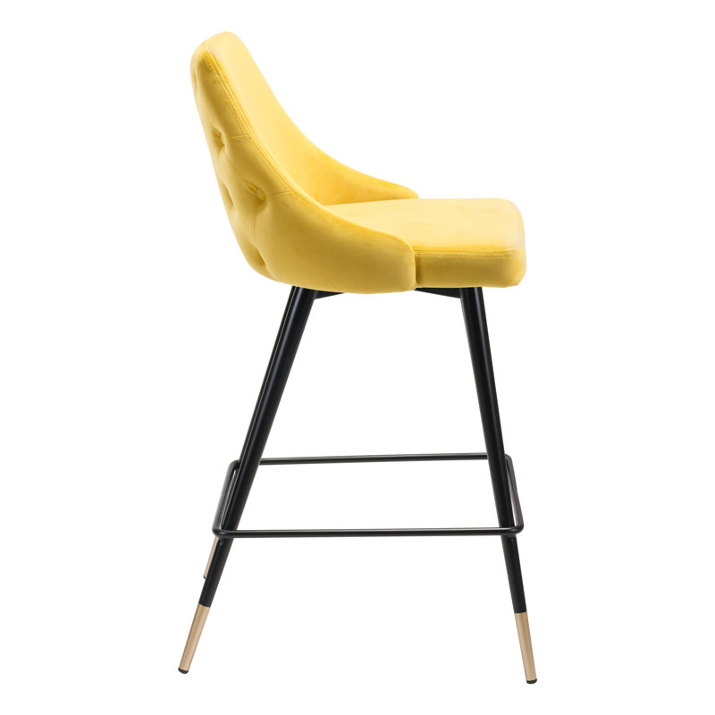 Yellow Velvet and Metal Counter Stool with Tapered Back