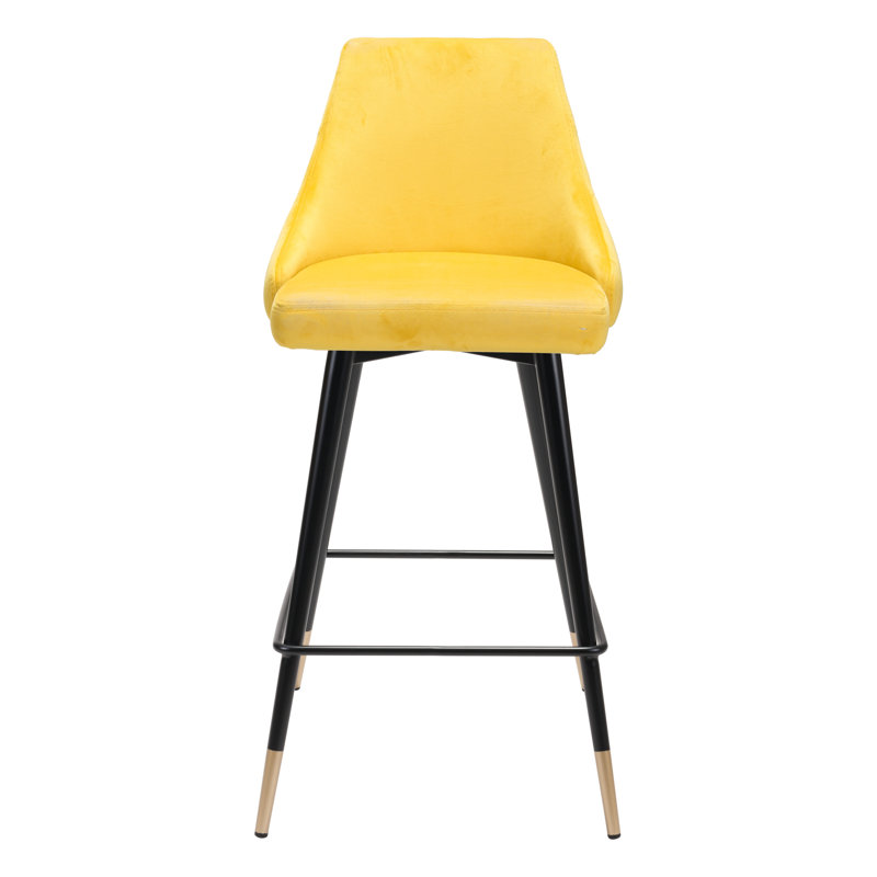 Yellow Velvet and Metal Counter Stool with Tapered Back