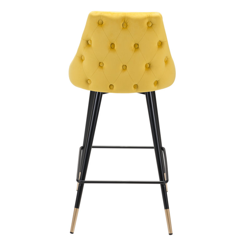 Yellow Velvet and Metal Counter Stool with Tapered Back