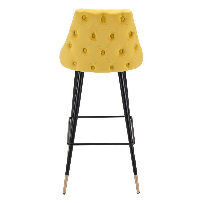 Yellow Velvet and Metal Counter Stool with Tapered Back