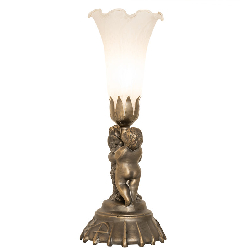 Antique Copper Twin Cherub White Stained Glass Mini Lamp