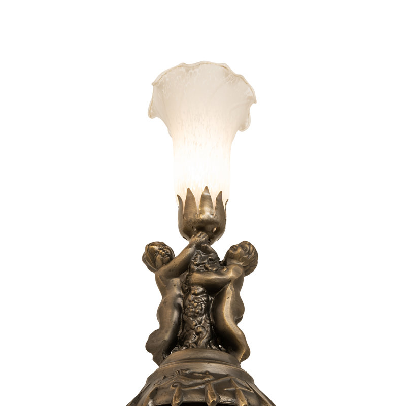 Antique Copper Twin Cherub White Stained Glass Mini Lamp
