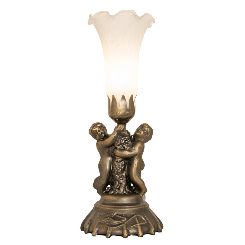 Antique Copper Twin Cherub White Stained Glass Mini Lamp