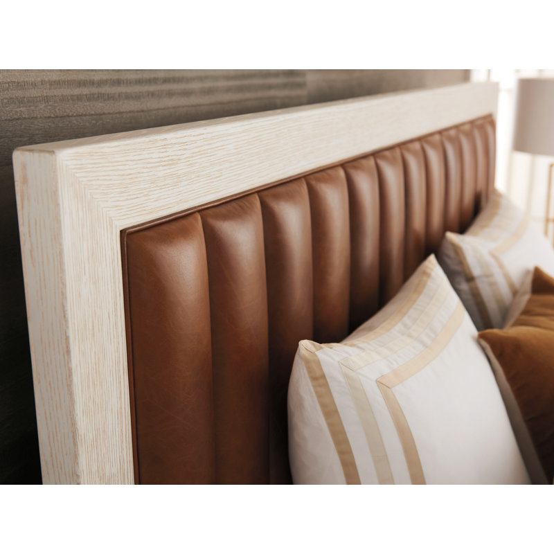 King Oak Upholstered Bed with Tufted Leather Headboard