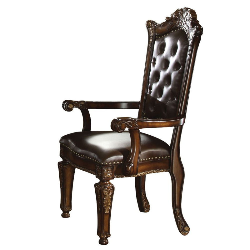 Handcrafted Brown Leather and Wood Floral Accent Chair