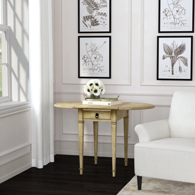 Antique Beige Round Wood Pembroke Side Table with Storage