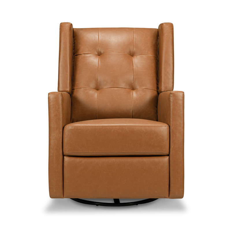 Vegan Tan Faux Leather Swivel Recliner with Wood Accents