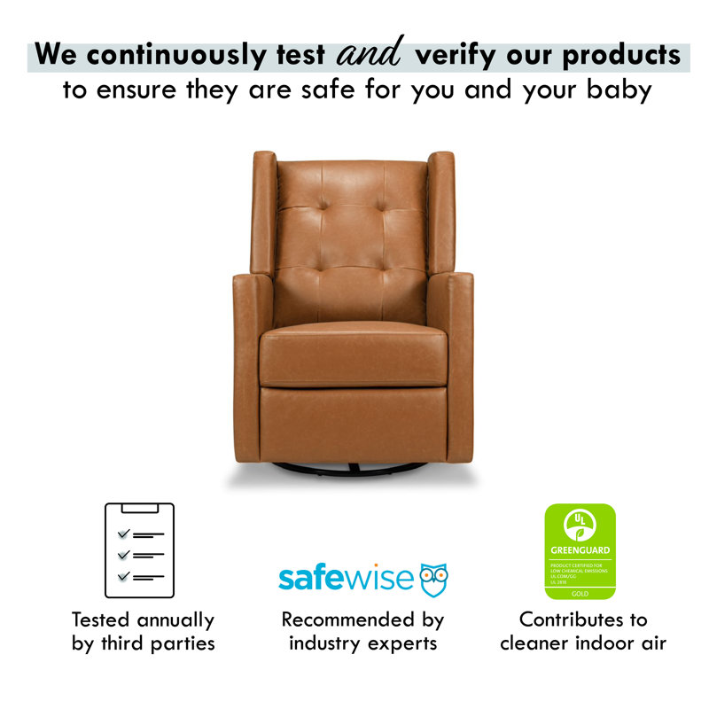 Vegan Tan Faux Leather Swivel Recliner with Wood Accents