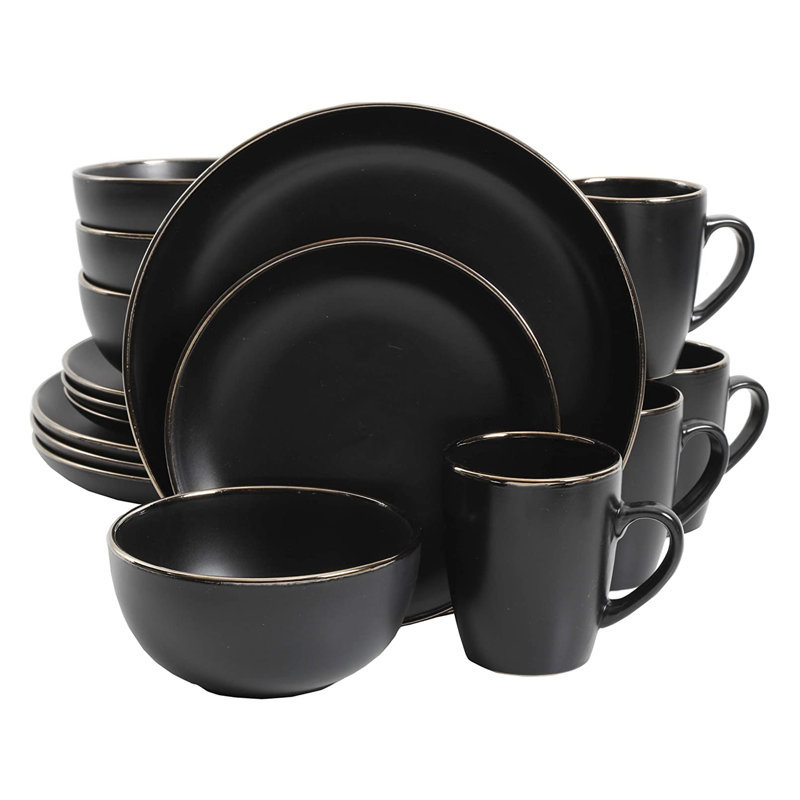 Matte Black Ceramic Dinnerware Set with Gold Rim, Service for 4