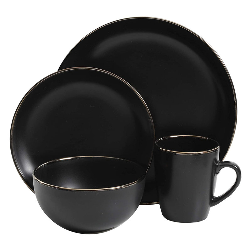 Matte Black Ceramic Dinnerware Set with Gold Rim, Service for 4