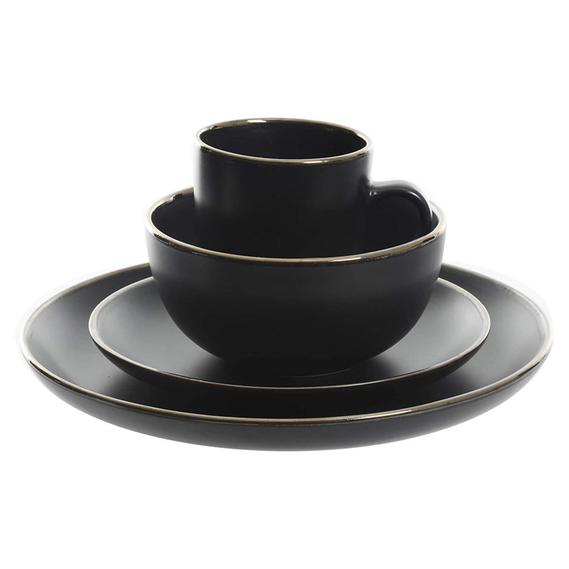 Matte Black Ceramic Dinnerware Set with Gold Rim, Service for 4