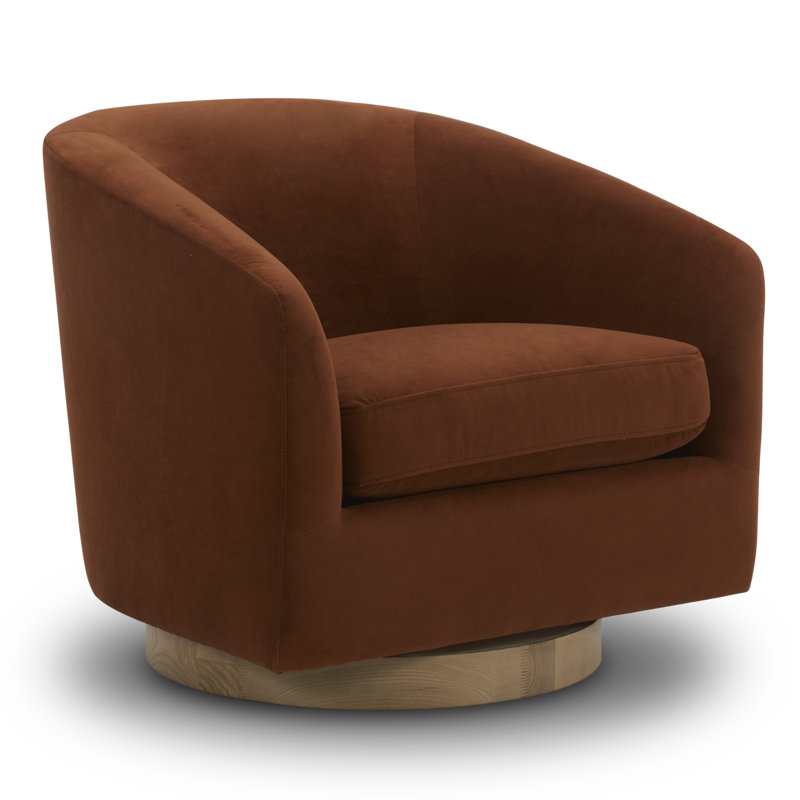 Burnt Orange Velvet Swivel Barrel Chair with Wood Base