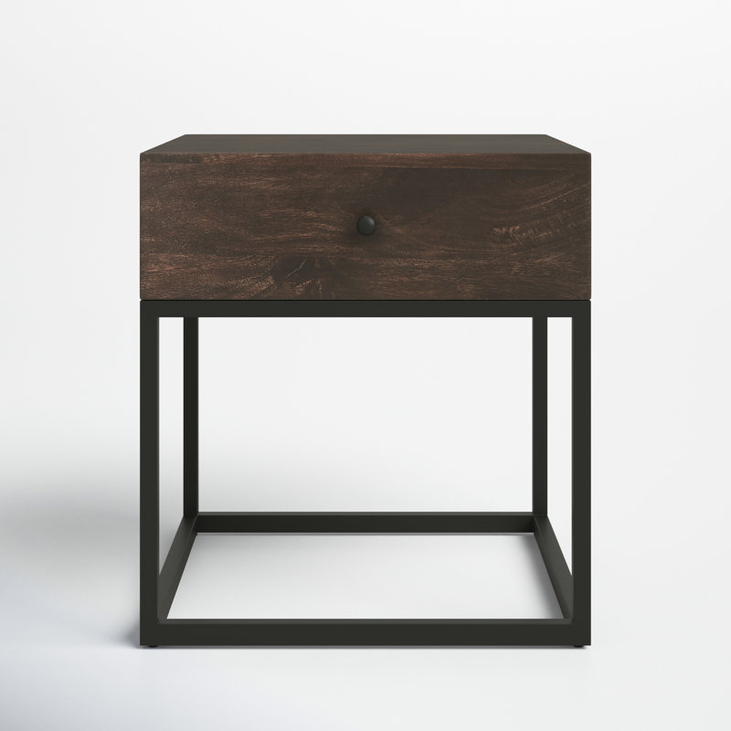 Modern Industrial Mango Wood & Iron End Table with Drawer