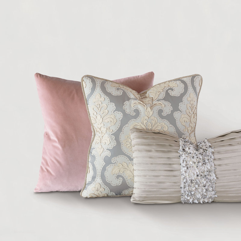 Ivory and Gray Cotton Blend Square Embroidered Throw Pillow
