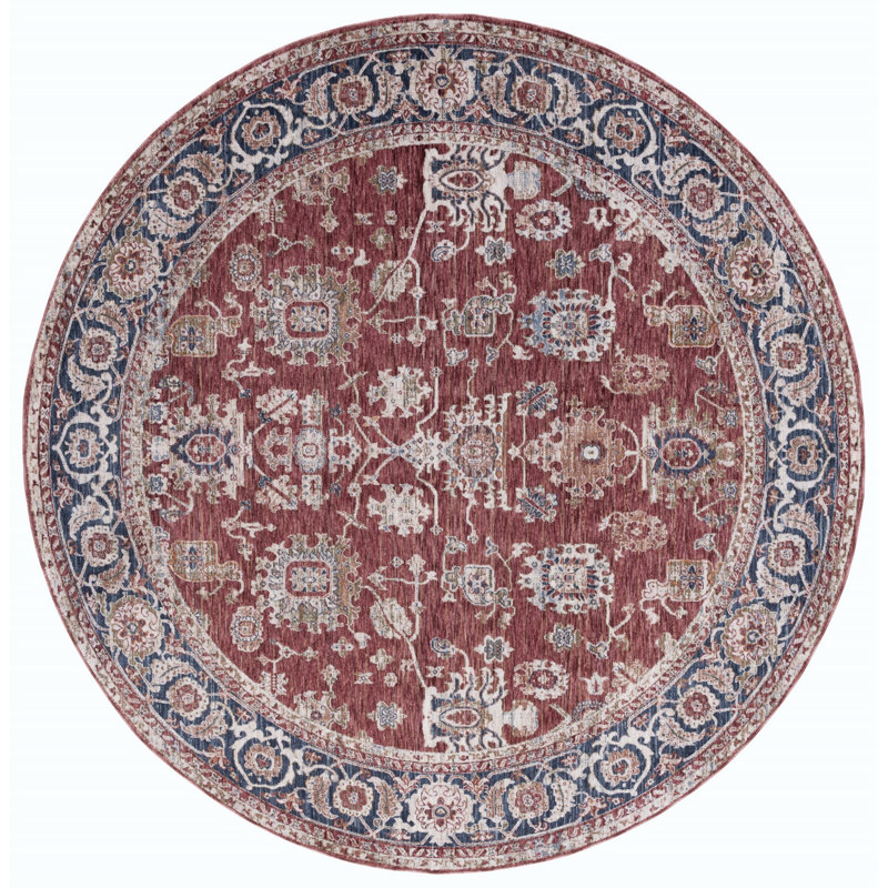 Handmade Red Oriental Round Polyester Area Rug 6'7"