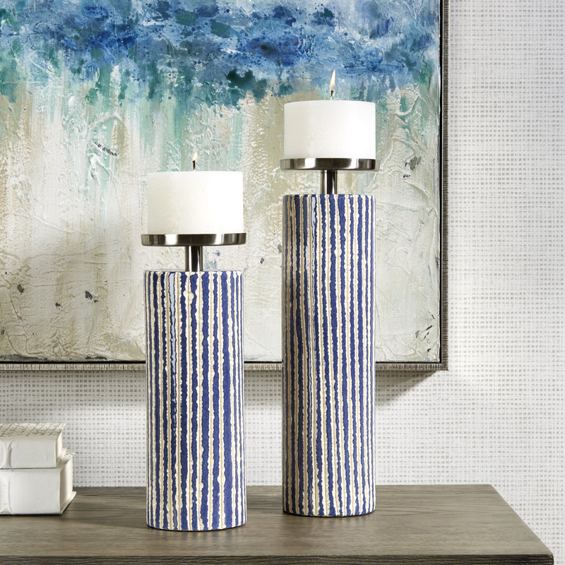 Ivory and Cobalt Striped Ceramic Candleholders with Polished Nickel Accents