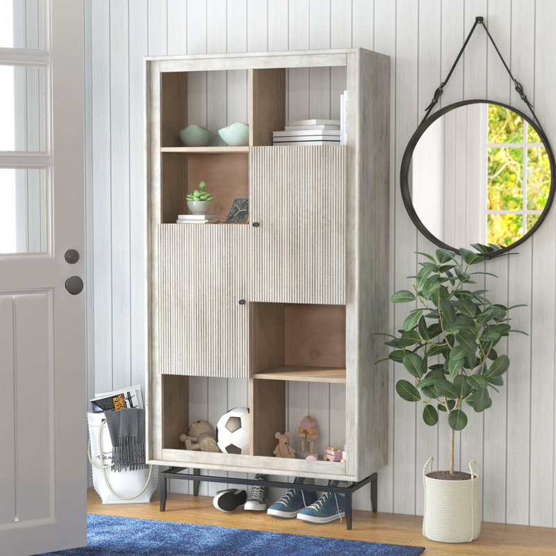Gray Mango Wood Tall Accent Cabinet with Black Metal Hardware